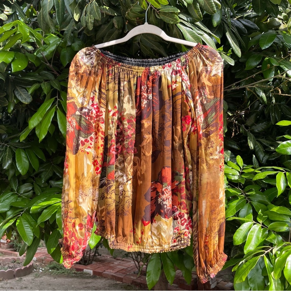 ODAY SHAKAR yellow floral sheer silk puff sleeve off shoulder blouse top
